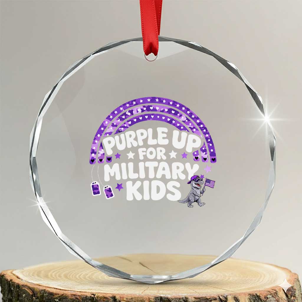 Purple Up For Military Kids Crystal Glass Ornament Cute Dino Dinosaur Proud Military Child Rainbow