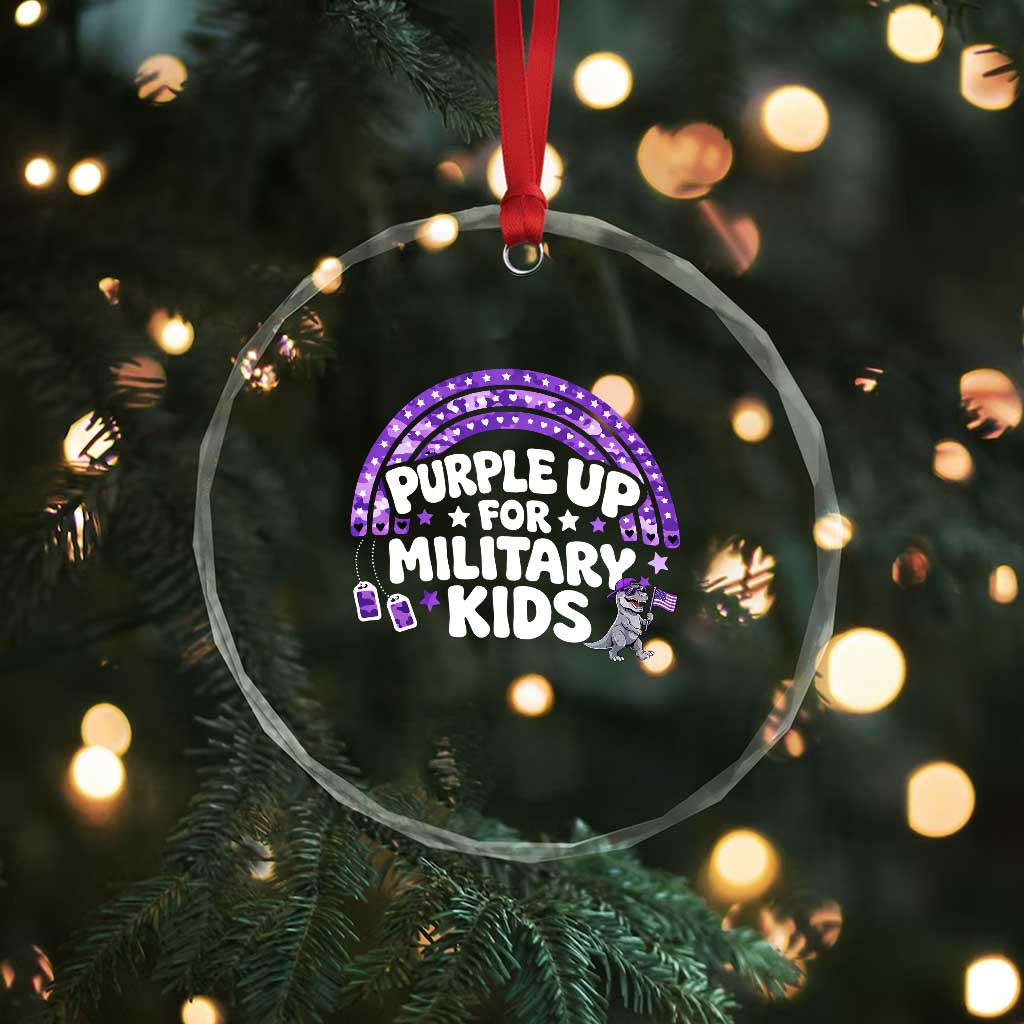Purple Up For Military Kids Crystal Glass Ornament Cute Dino Dinosaur Proud Military Child Rainbow