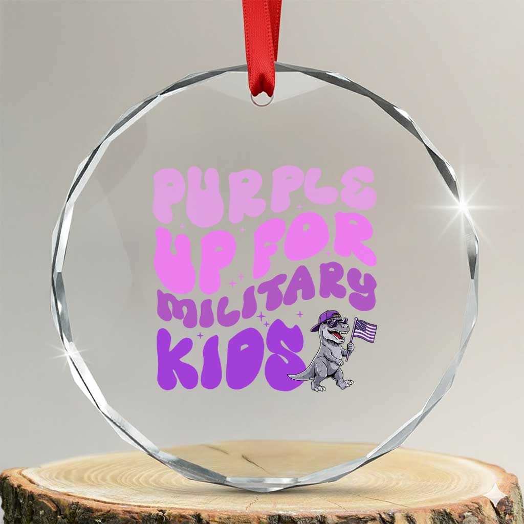 Purple Up For Military Kids Crystal Glass Ornament Groovy Dino Dinosaur Military Child Month