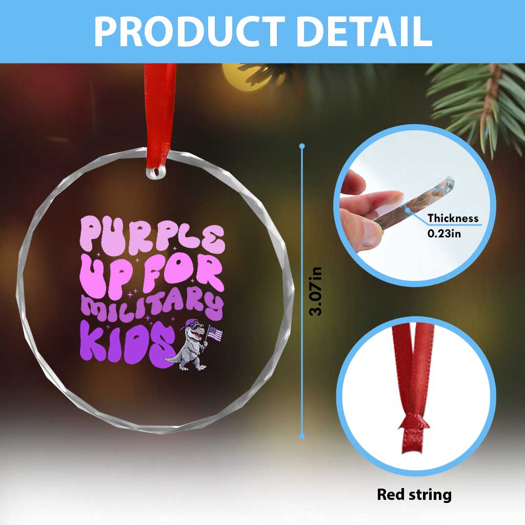 Purple Up For Military Kids Crystal Glass Ornament Groovy Dino Dinosaur Military Child Month