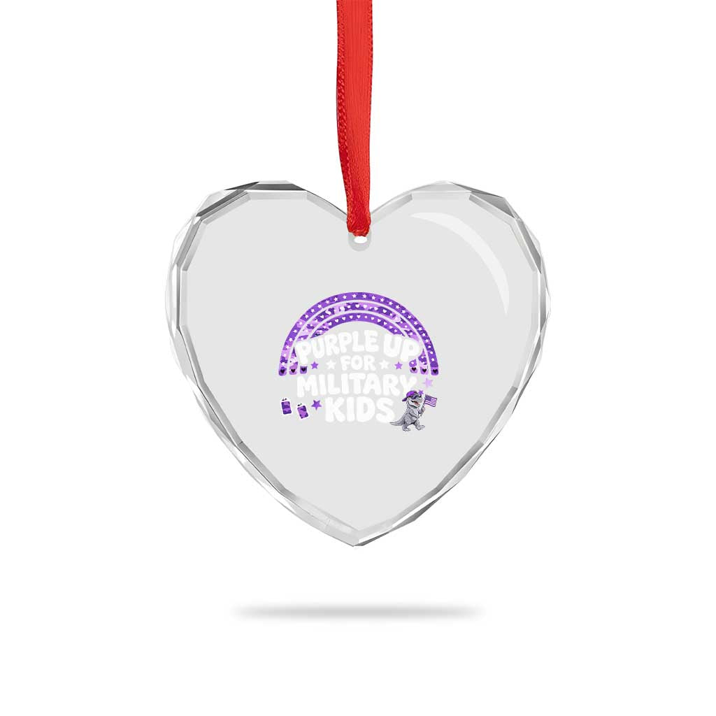 Purple Up For Military Kids Heart Crystal Glass Ornament Cute Dino Dinosaur Proud Military Child Rainbow