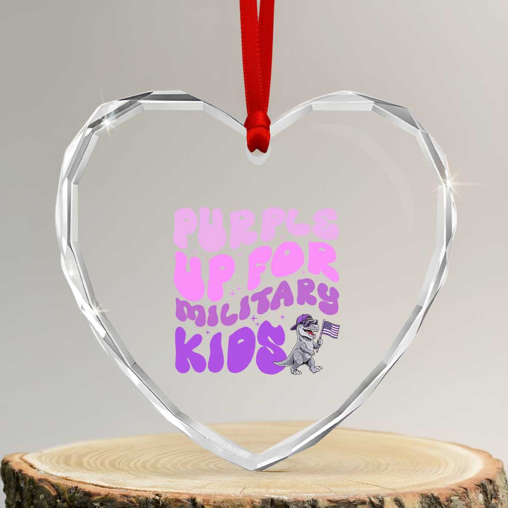 Purple Up For Military Kids Heart Crystal Glass Ornament Groovy Dino Dinosaur Military Child Month