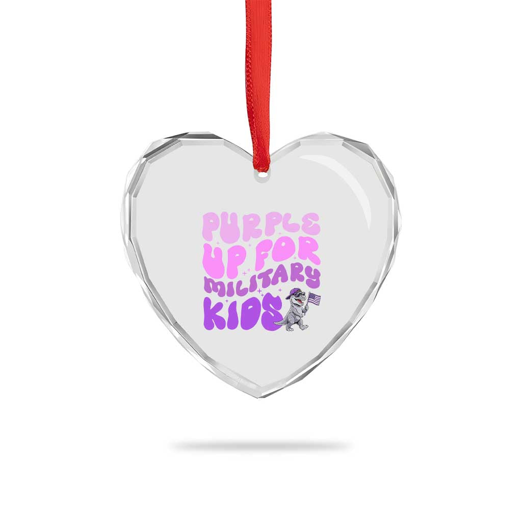 Purple Up For Military Kids Heart Crystal Glass Ornament Groovy Dino Dinosaur Military Child Month