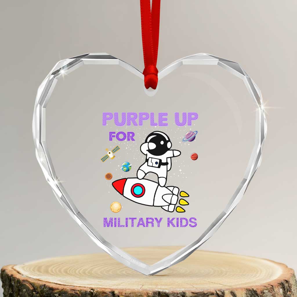 Purple Up For Military Kids Heart Crystal Glass Ornament Military Child Month Astronaut Outer Space - Wonder Print Shop