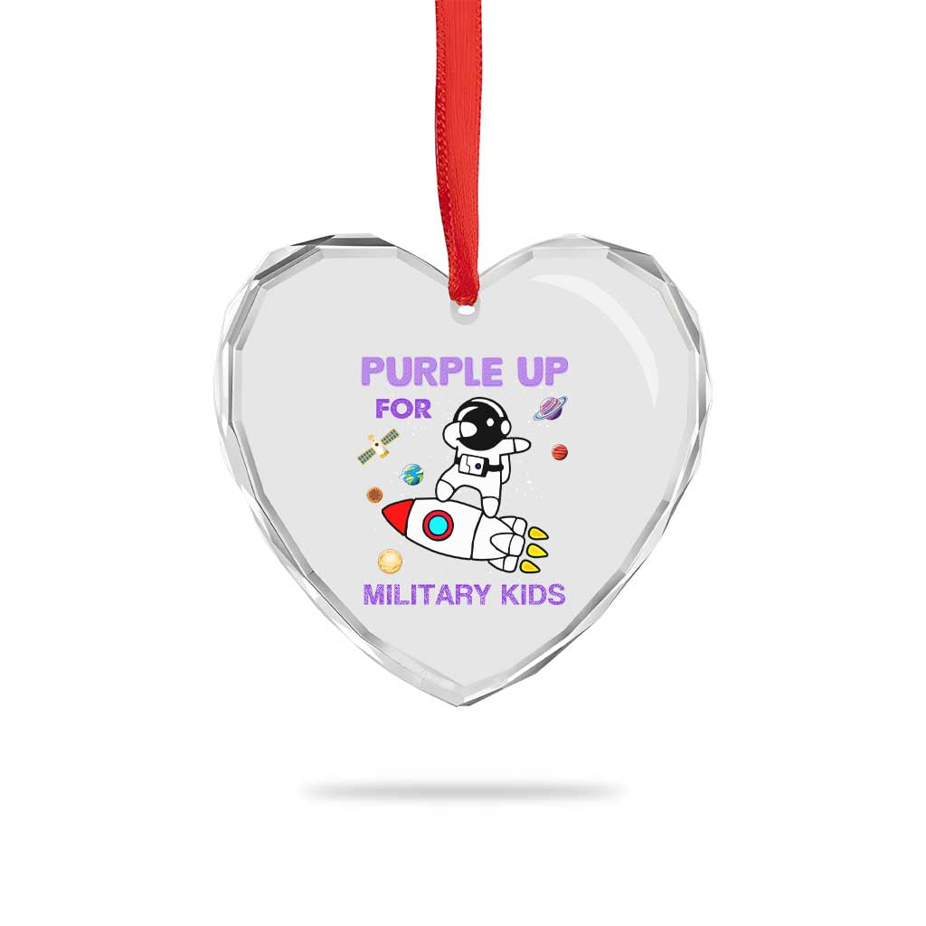 Purple Up For Military Kids Heart Crystal Glass Ornament Military Child Month Astronaut Outer Space - Wonder Print Shop
