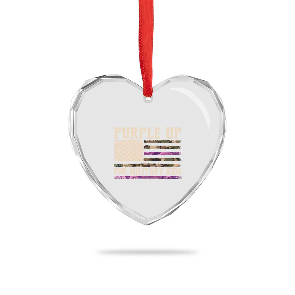 Purple Up For Military Kids Heart Crystal Glass Ornament Military Child Month USA Flag Camouflage - Wonder Print Shop