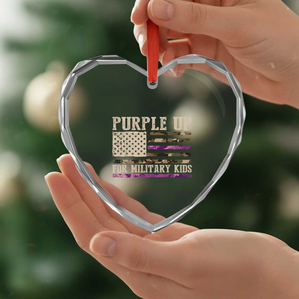 Purple Up For Military Kids Heart Crystal Glass Ornament Military Child Month USA Flag Camouflage - Wonder Print Shop