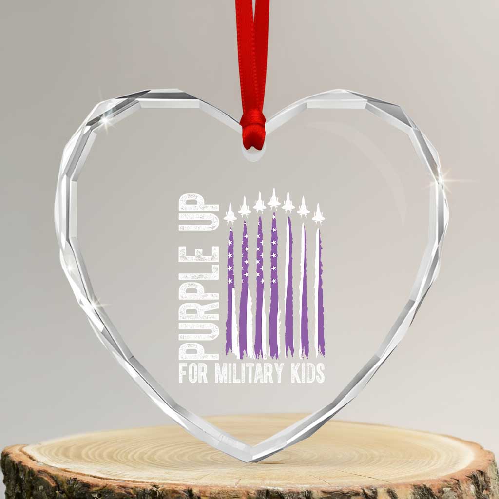 Purple Up For Military Kids Heart Crystal Glass Ornament US Flag Military Child Support