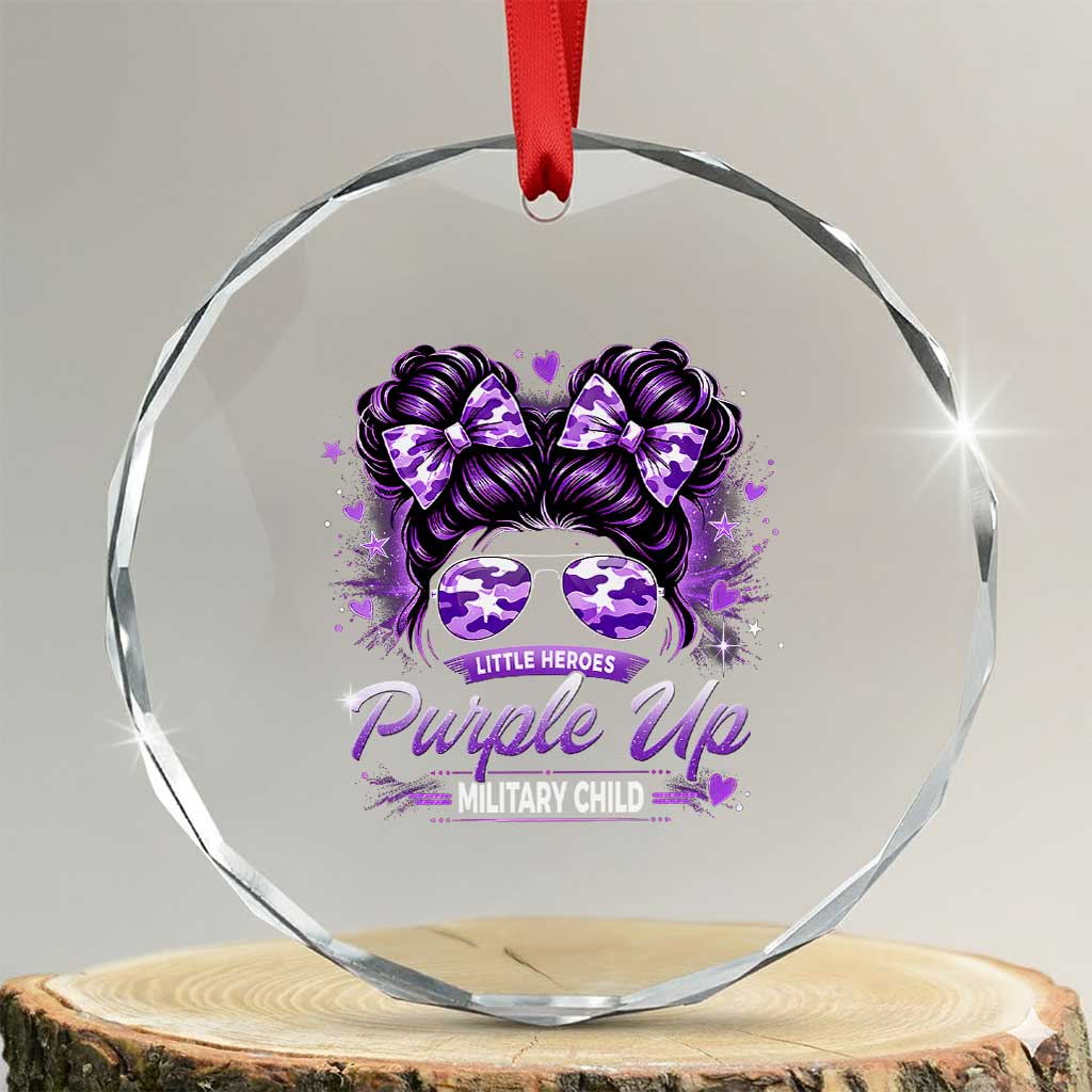 Purple Up Military Child Crystal Glass Ornament Camo Messy Bun Military Kid Month