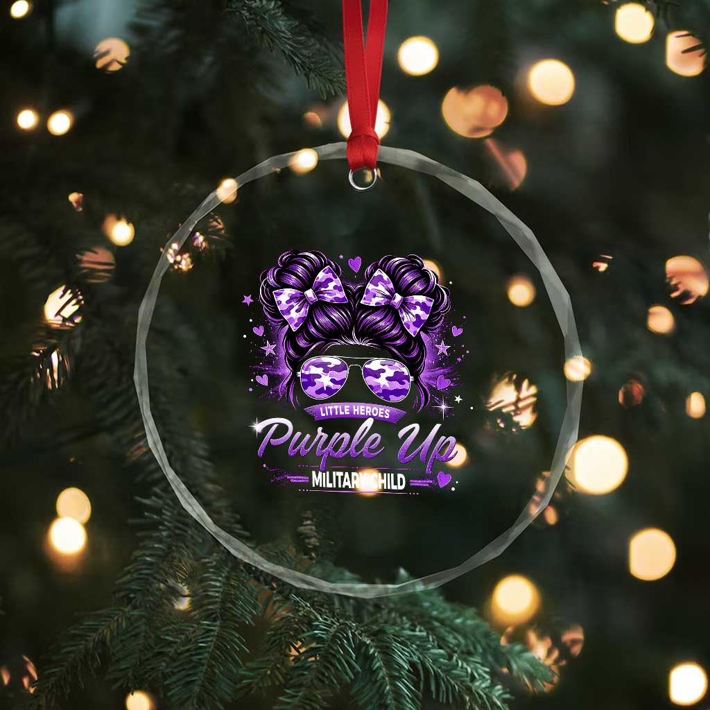 Purple Up Military Child Crystal Glass Ornament Camo Messy Bun Military Kid Month