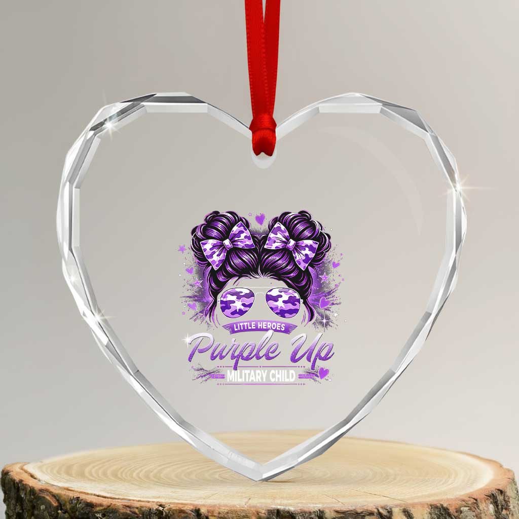 Purple Up Military Child Heart Crystal Glass Ornament Camo Messy Bun Military Kid Month