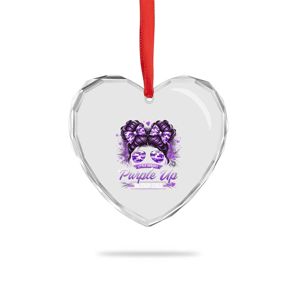 Purple Up Military Child Heart Crystal Glass Ornament Camo Messy Bun Military Kid Month