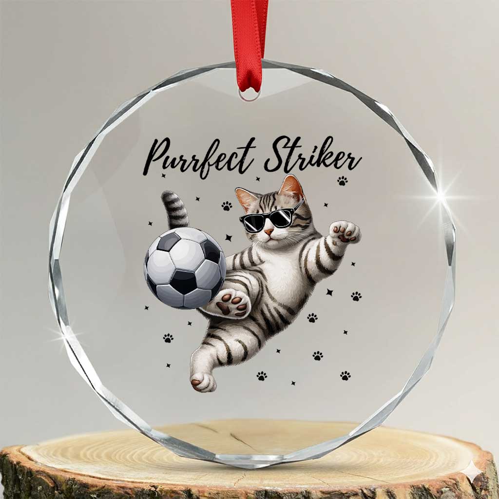 Purrfect Striker Crystal Glass Ornament Funny Cat Soccer Player Gift