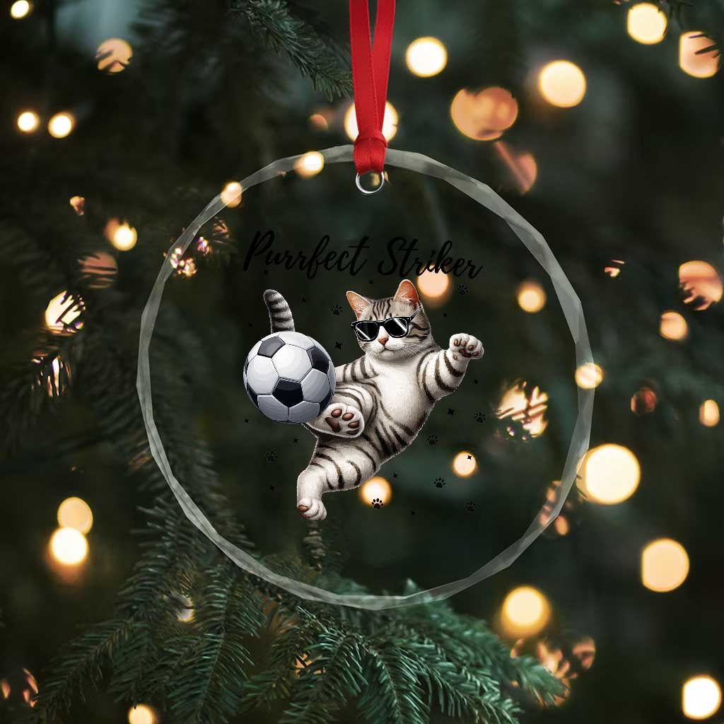 Purrfect Striker Crystal Glass Ornament Funny Cat Soccer Player Gift