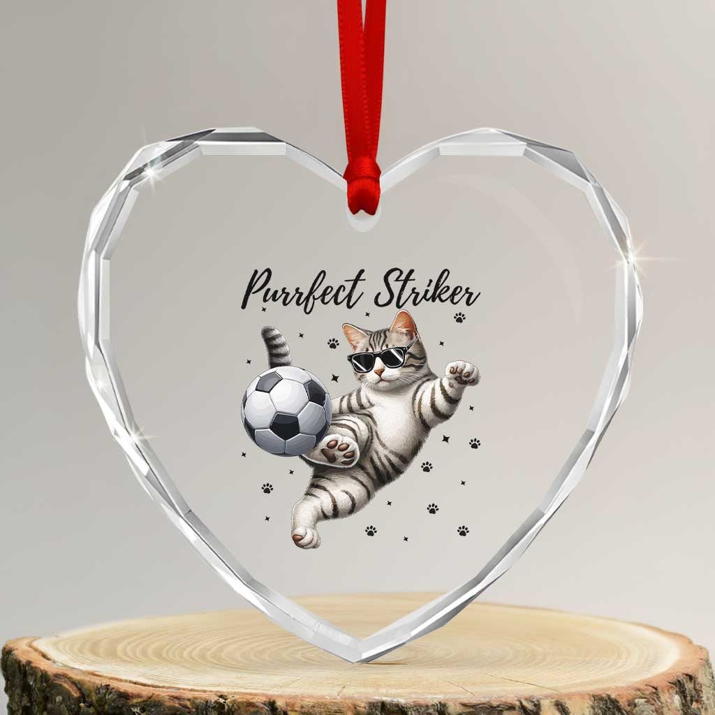 Purrfect Striker Heart Crystal Glass Ornament Funny Cat Soccer Player Gift