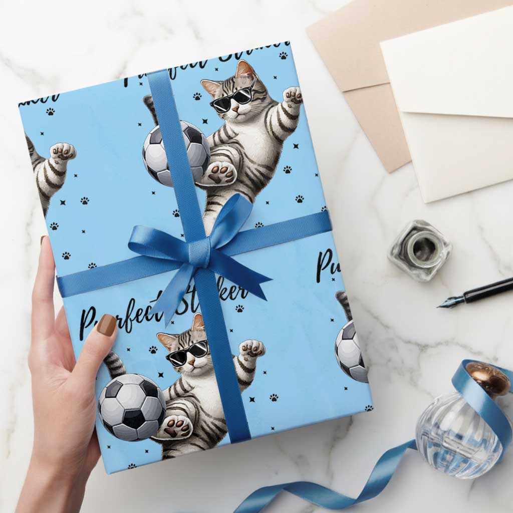 Purrfect Striker Wrapping Paper Roll Funny Cat Soccer Player Gift