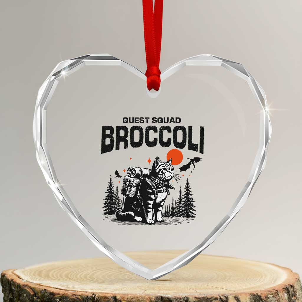 Quest Squad Broccoli Cat Heart Crystal Glass Ornament Funny Hiking Adventure Cute Camping Feline - Wonder Print Shop