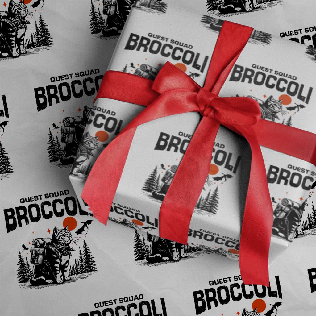 Quest Squad Broccoli Cat Wrapping Paper Roll Funny Hiking Adventure Cute Camping Feline - Wonder Print Shop