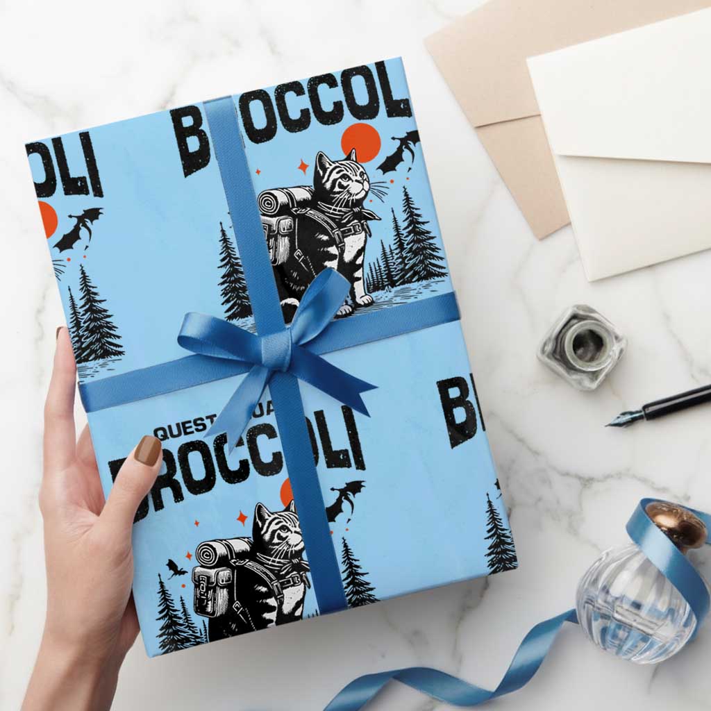Quest Squad Broccoli Cat Wrapping Paper Roll Funny Hiking Adventure Cute Camping Feline - Wonder Print Shop