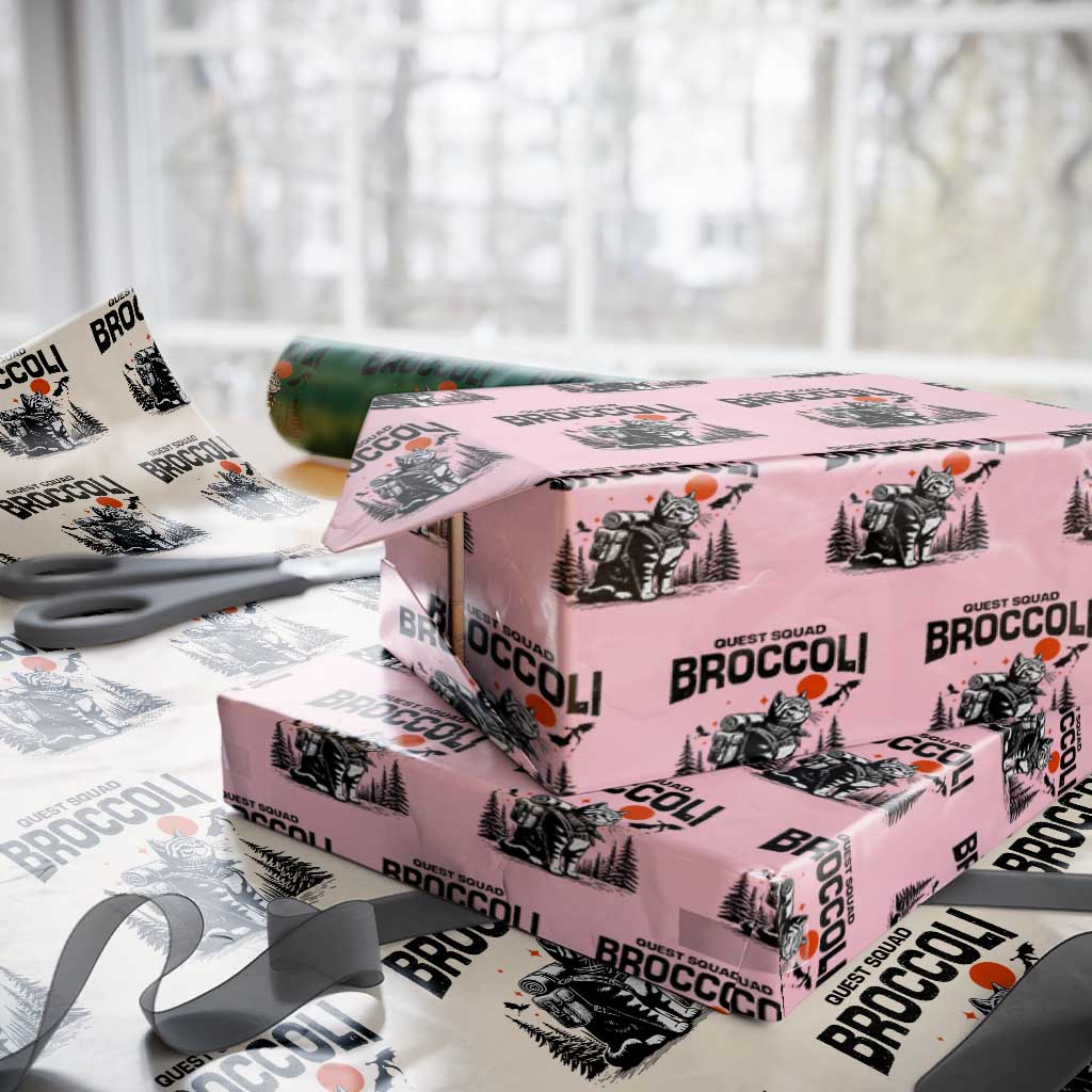 Quest Squad Broccoli Cat Wrapping Paper Roll Funny Hiking Adventure Cute Camping Feline - Wonder Print Shop