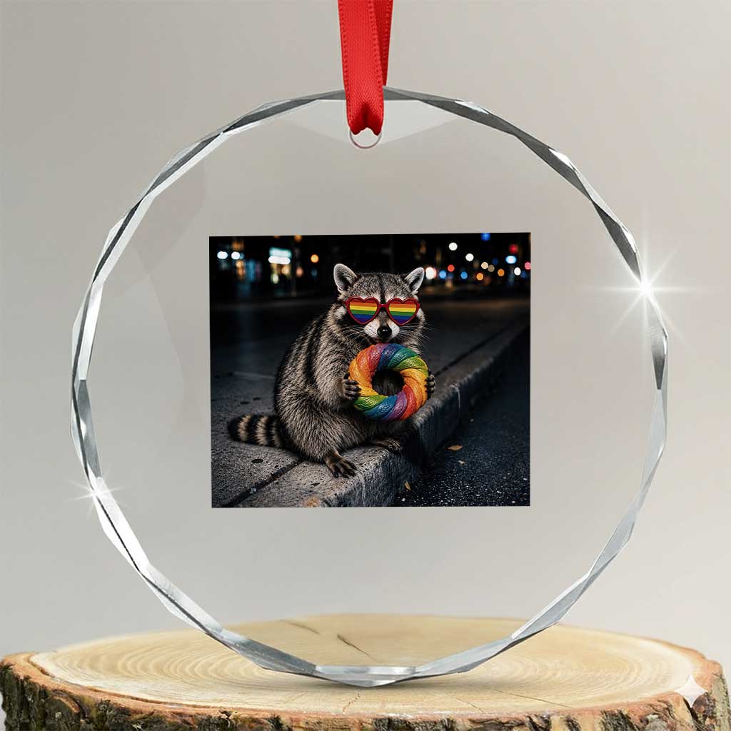Raccoon Eating Baguette Graphic Crystal Glass Ornament Humorous Gay Pride Gift