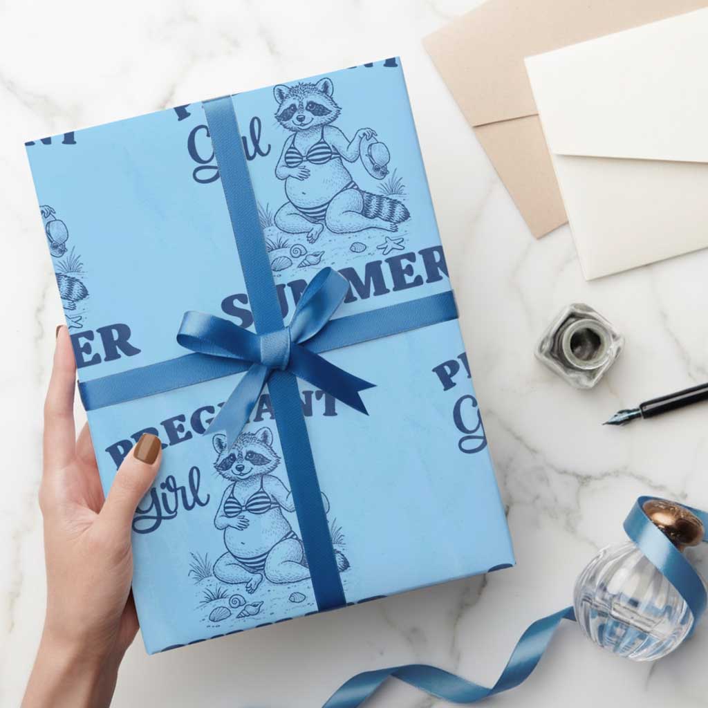 Raccoon Pregnancy Announcement Wrapping Paper Roll Summer Beach Mom To Be Gift