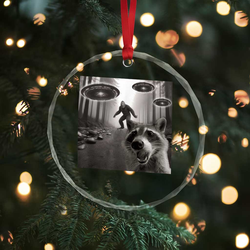 Raccoon Selfie With Bigfoot UFO Crystal Glass Ornament Funny Feral Lover Gifts - Wonder Print Shop
