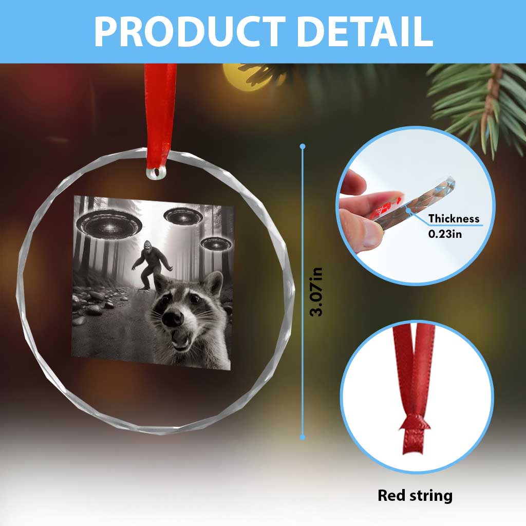 Raccoon Selfie With Bigfoot UFO Crystal Glass Ornament Funny Feral Lover Gifts - Wonder Print Shop