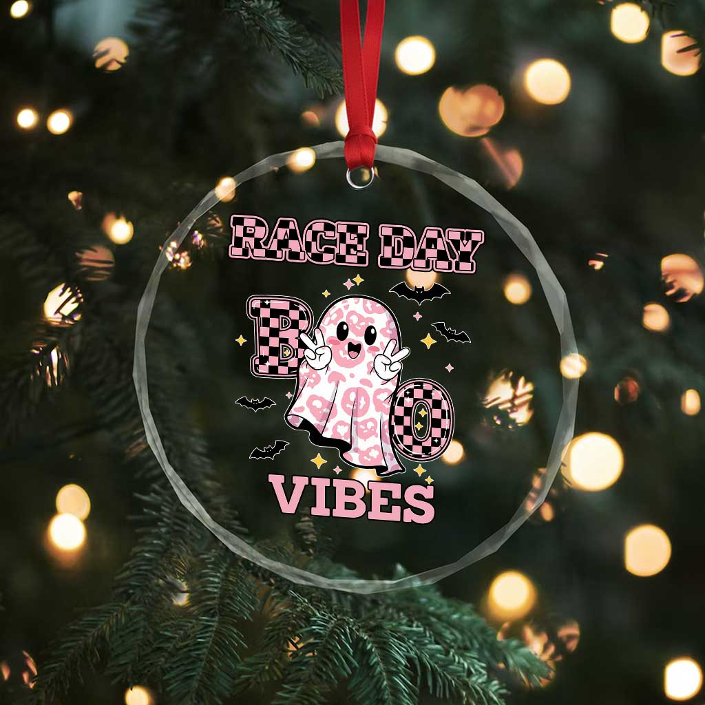 Race Car Halloween Crystal Glass Ornament Boo Checkered Coquette Bow TS14