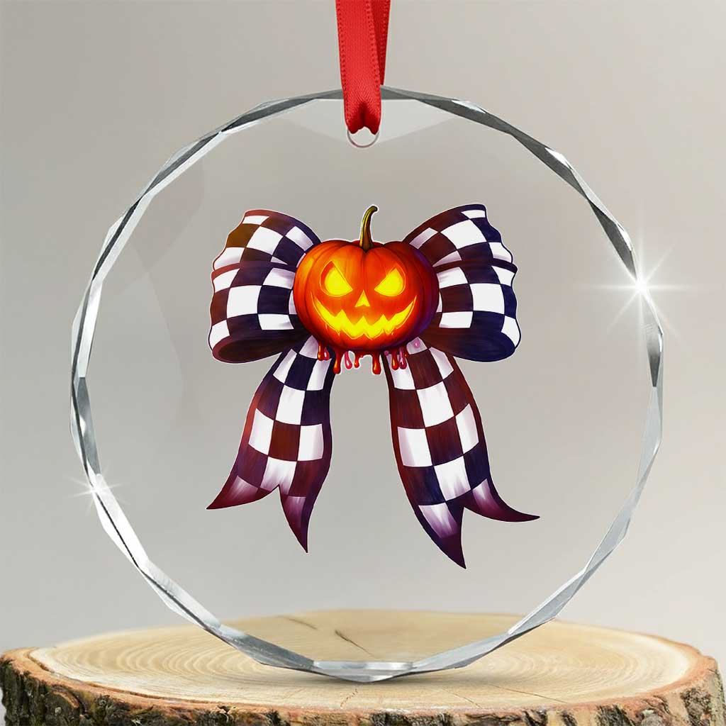 Race Car Halloween Crystal Glass Ornament Pumpkin Checkered Coquette Bow TS14