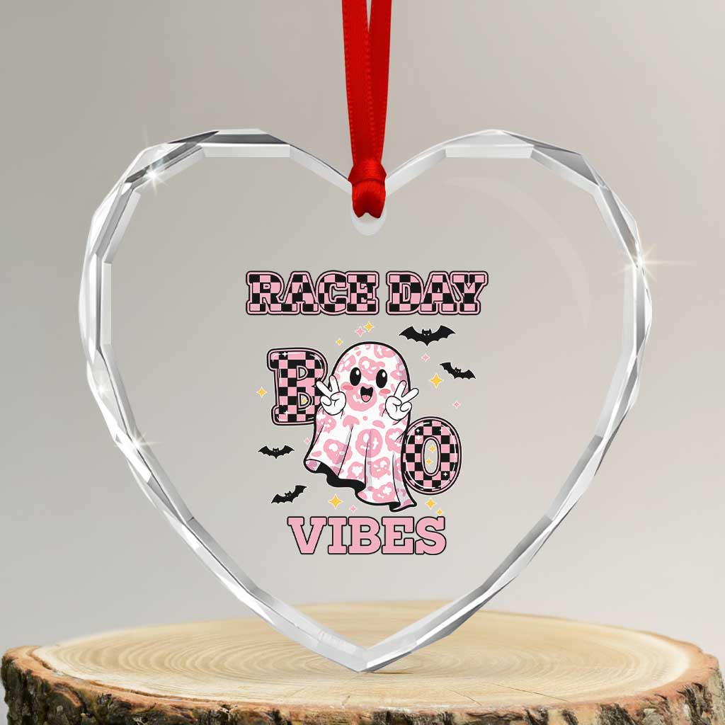 Race Car Halloween Heart Crystal Glass Ornament Boo Checkered Coquette Bow - Wonder Print Shop