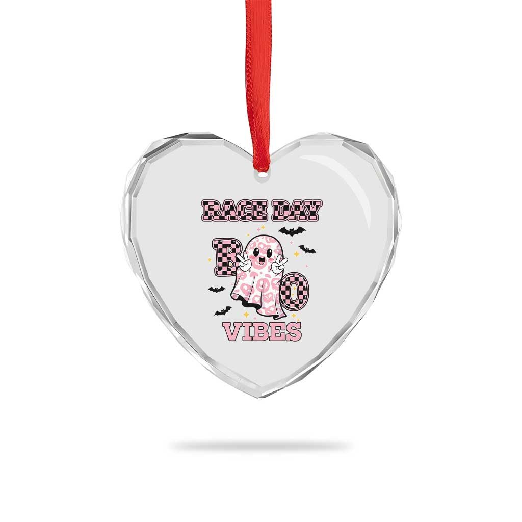 Race Car Halloween Heart Crystal Glass Ornament Boo Checkered Coquette Bow - Wonder Print Shop
