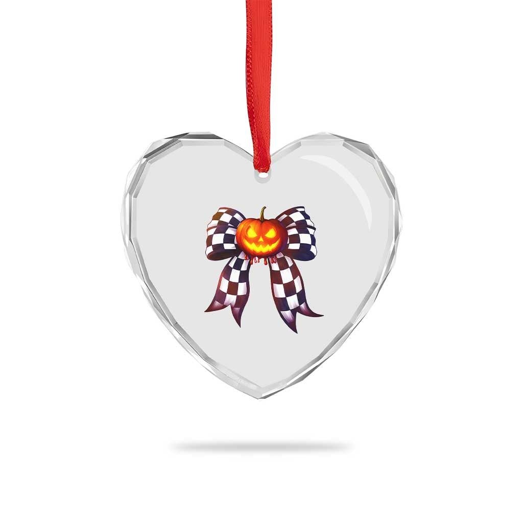 Race Car Halloween Heart Crystal Glass Ornament Pumpkin Checkered Coquette Bow - Wonder Print Shop
