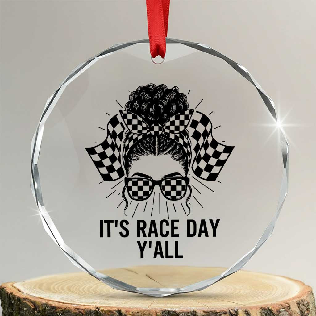 Racing Car Checkered Flag Crystal Glass Ornament Messy Bun Woman Race Day - Wonder Print Shop