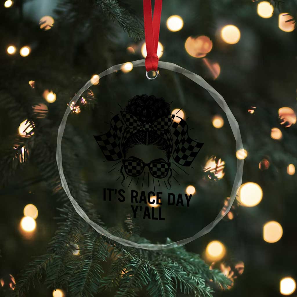 Racing Car Checkered Flag Crystal Glass Ornament Messy Bun Woman Race Day - Wonder Print Shop