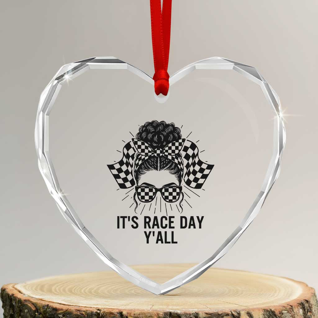 Racing Car Checkered Flag Heart Crystal Glass Ornament Messy Bun Woman Race Day - Wonder Print Shop