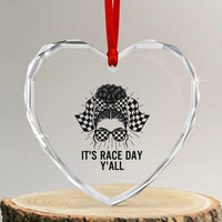 Racing Car Checkered Flag Heart Crystal Glass Ornament Messy Bun Woman Race Day - Wonder Print Shop