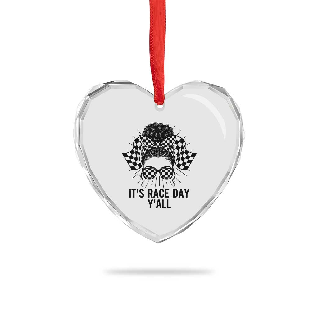 Racing Car Checkered Flag Heart Crystal Glass Ornament Messy Bun Woman Race Day - Wonder Print Shop