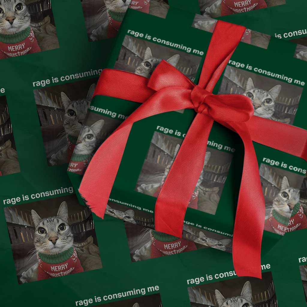 Rage Is Consuming Me Christmas Wrapping Paper Roll Funny Silly Staring Cat Meme Xmas Ugly Sweater - Wonder Print Shop