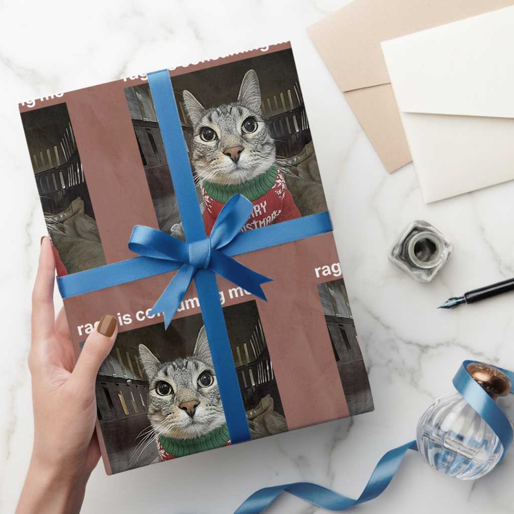 Rage Is Consuming Me Christmas Wrapping Paper Roll Funny Silly Staring Cat Meme Xmas Ugly Sweater - Wonder Print Shop