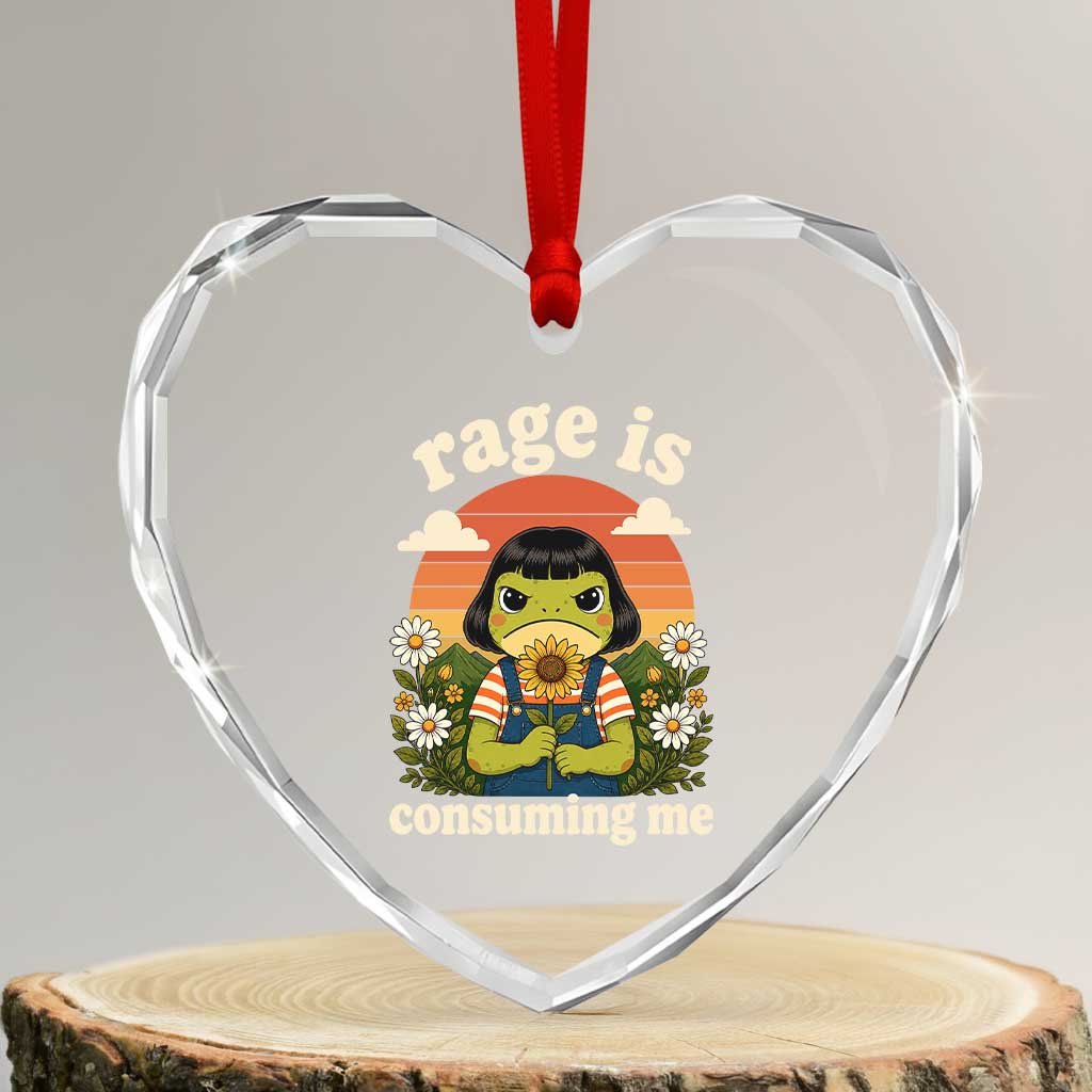 Rage Is Consuming Me Funny Cute Retro Cottagecore Frog Meme Heart Crystal Glass Ornament Holding Sunflower Sunset Aesthetic Humor