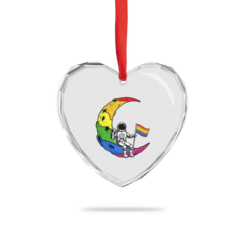 Rainbow Astronaut On The Moon LGBT Heart Crystal Glass Ornament Spaceman Pride Month