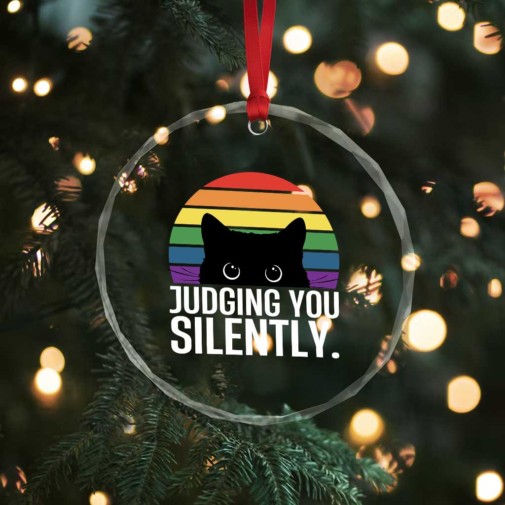 Rainbow Black Cat LGBT Pride Crystal Glass Ornament Judging You Silently