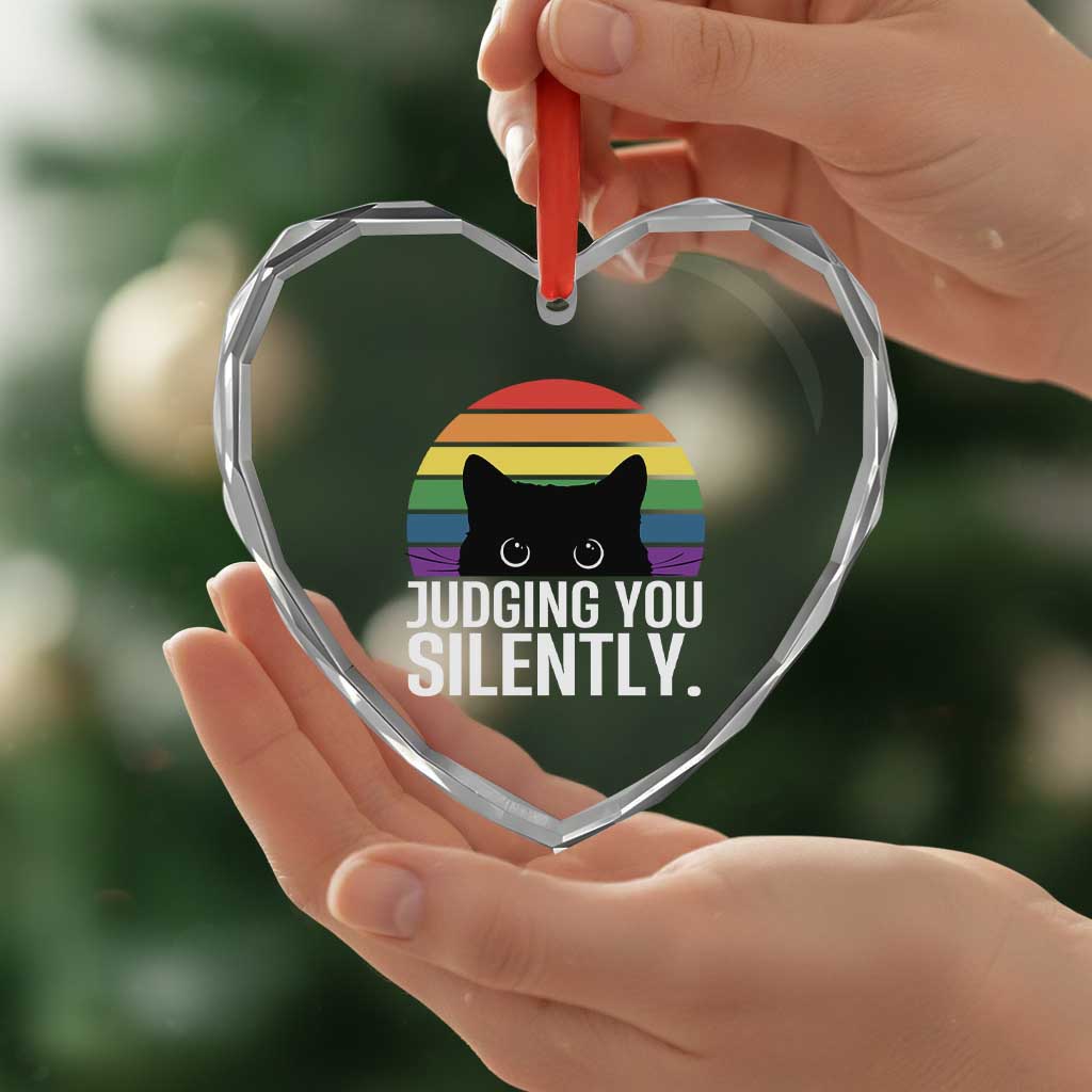 Rainbow Black Cat LGBT Pride Heart Crystal Glass Ornament Judging You Silently