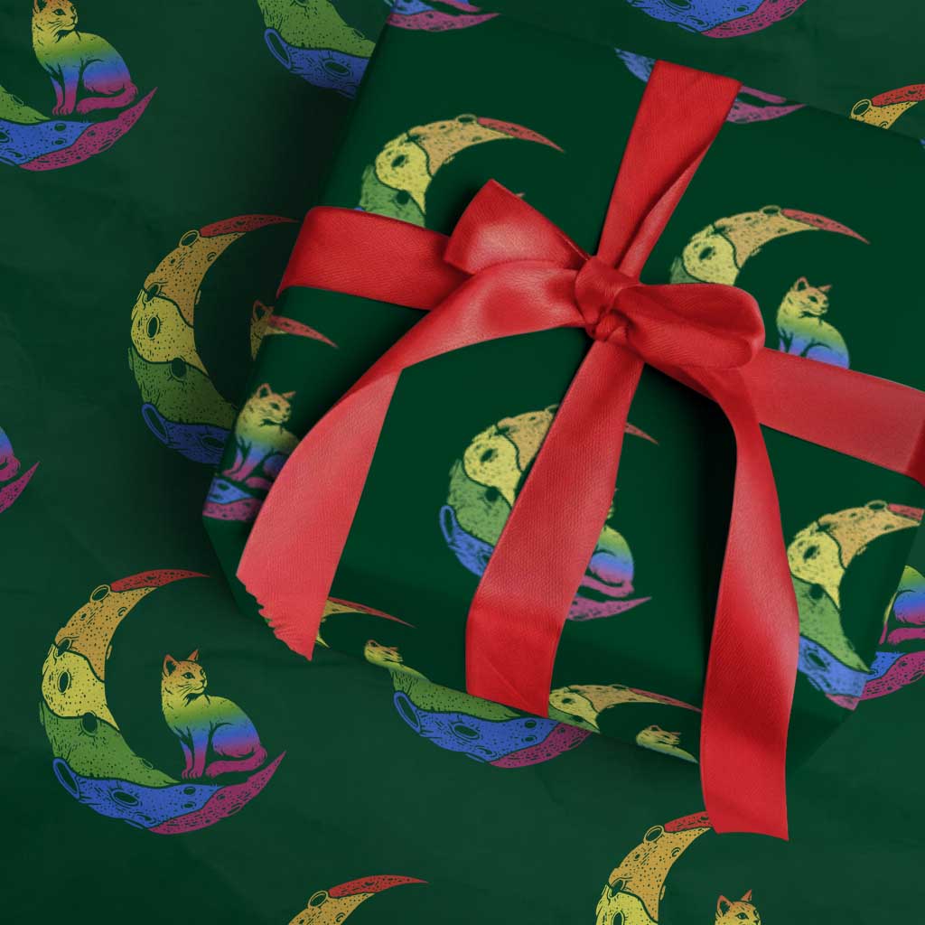 Rainbow Moon Cat Pride Wrapping Paper Roll LGBT Feline Graphic