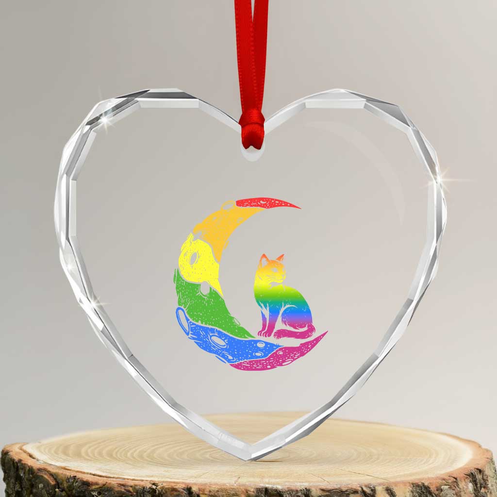 Rainbow Moon Cat Pride Heart Crystal Glass Ornament LGBT Feline Graphic