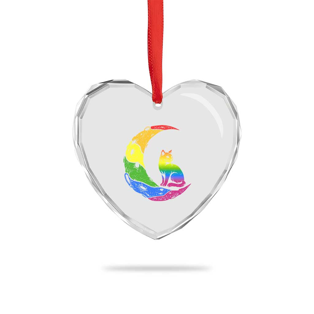 Rainbow Moon Cat Pride Heart Crystal Glass Ornament LGBT Feline Graphic