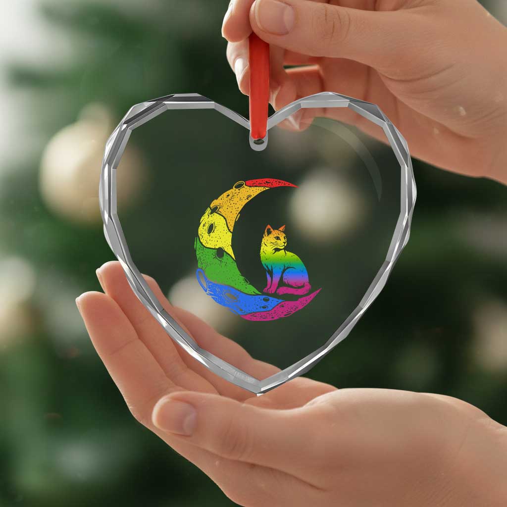 Rainbow Moon Cat Pride Heart Crystal Glass Ornament LGBT Feline Graphic
