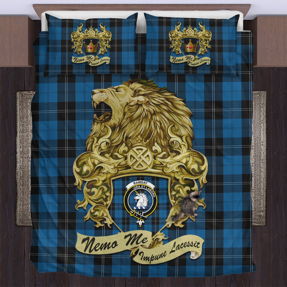 ramsay-blue-hunting-tartan-bedding-set-motto-nemo-me-impune-lacessit-with-vintage-lion-family-crest-tartan-plaid-duvet-cover-scottish-tartan-plaid-comforter-vintage-style