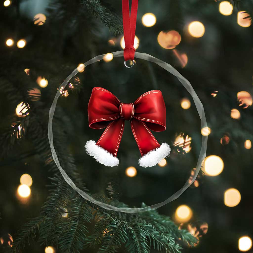 Red Coquette Bow Santa Retro Xmas Vibe Crystal Glass Ornament TS02